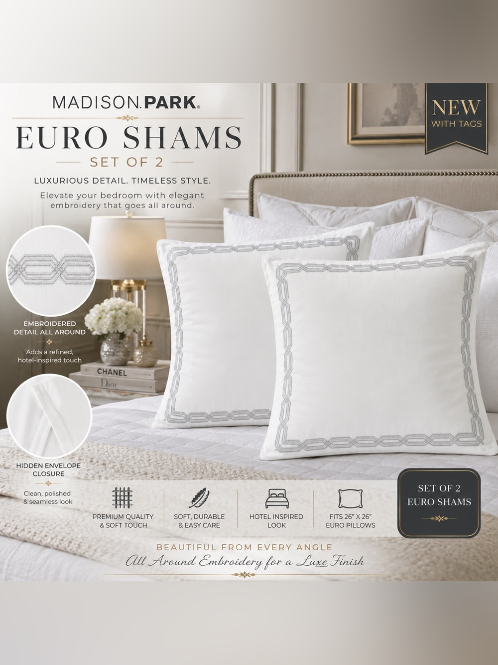 NWT Madison Park Set of 2 Euro Shams White & Gray Embroidered 26x26